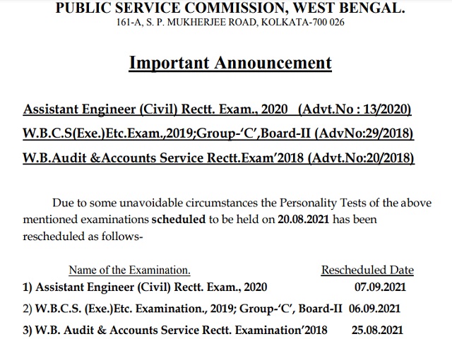 WBPSC Revised Interview Date 2021 for W.B.C.S. (Exe.)/Audit & Accounts Service Released @wbpsc.gov.in